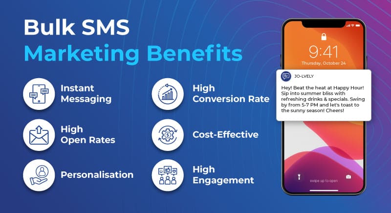 Image highlighting the benefits of bulk SMS marketing, featuring a phone displaying an SMS message.