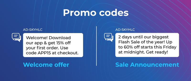 Image illustrating two use cases of Promo Codes: Welcome Offer & Sale Announcement