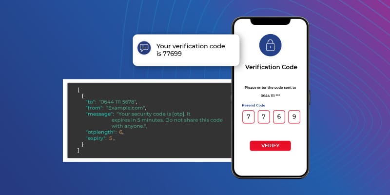 showing API integration code along side a phone displaying an OTP verification message