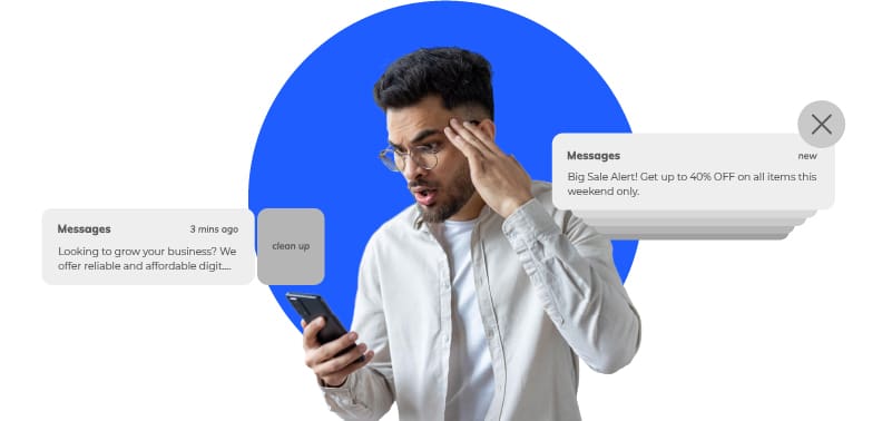 User overlooking a crowded list of plain SMS notifications on a mobile phone.
